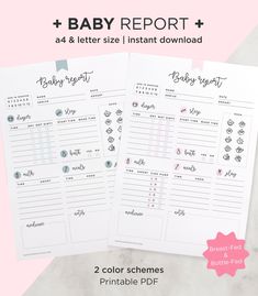 two baby report sheets with the text baby report on them and an image of a pink background