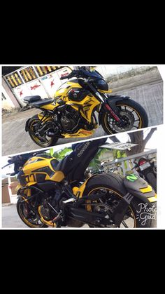 two pictures of a yellow and black motorcycle