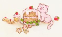 a drawing of a cake and cookies with a pink cat sitting next to the cake