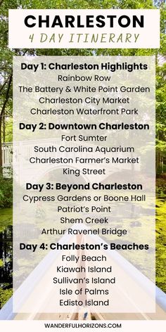 a poster with the words charleston on it and an image of a park in the background