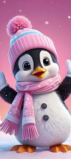 a cartoon penguin wearing a pink hat and scarf with one hand up in the air