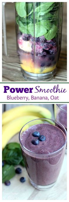 blueberry, banana and oat smoothie in a blender with the words power smoothie