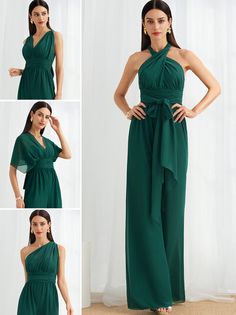 the woman is wearing a green dress and posing for pictures