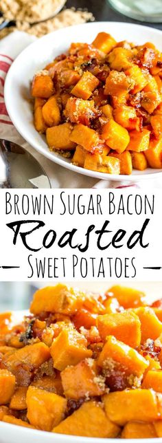 brown sugar bacon roasted sweet potatoes in a white bowl