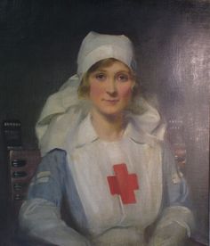 an oil painting of a nurse with a red cross on her shirt and white cap