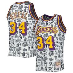 Shaquille O'Neal Los Angeles Lakers Mitchell & Ness 1996-97 Hardwood Classics Doodle Swingman Jersey - White Check more at https://anzstyle.com/product/nba/los-angeles-lakers/shaquille-oneal-los-angeles-lakers-mitchell-ness-199697-hardwood-classics-doodle-swingman-jersey-white-3098/ Lakers Win, Lakers Game, Doodle Design, Basketball Training, Shaquille O'neal, Watch Party