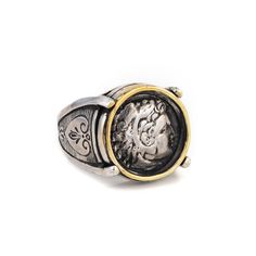 "Heracles Knot Ring 14k Gold, Hercules Ring, Greek Coin Gold Ring, Greek Mythology, Mens Signet Ring, Ancient Greek Jewelry 𝐏𝐑𝐎𝐃𝐔𝐂𝐓 𝐃𝐄𝐓𝐀𝐈𝐋𝐒 Made of 925 sterling silver and 14k gold. Handmade in Greece. Diameter: 2 cm - 0.78\" Weight: 16 g ✦ Handmade in Greece History This Ancient Greek coin represents Hercules on the front side and the inscription \"ΑΛΕΞΑΝΔΡΟΥ\" on the backside. Hercules is a Roman hero and god, the most popular figure from ancient Greek mythology. 𝐏𝐀𝐂𝐊𝐀𝐆𝐈𝐍𝐆 All items are sent in a presentable gift box 𝐒𝐇𝐈𝐏𝐏𝐈𝐍𝐆 *We ship worldwide by DHL Express! Free Shipping for orders over 100€! *Europe Transit Time: 1-3 working days / All other countries Transit Time: 3-6 working days * We process packages between 1-3 business days. *All items are sent in Luxury Sterling Silver Skull Ring, Classic White Gold Ring With Oxidized Finish, Antique Oxidized Ring As Gift, Collectible Sterling Silver Yellow Gold Rings, Luxury Oxidized Finish Rings For Anniversary, Antique Oxidized Finish Ring For Gift, Antique Oxidized Finish Ring Gift, Luxury Oxidized Finish Round Rings, Handmade 14k Gold Silver Signet Ring