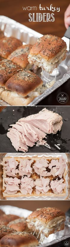 the process of making ham turkey sliders is shown in three different stages, including baking