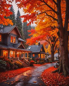 a house with fall leaves on the ground