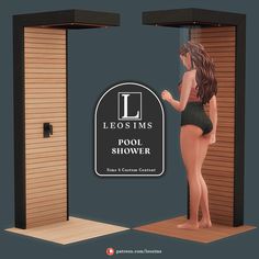 a woman in a bathing suit standing next to a shower with the words lelosims pool shower on it