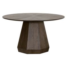 an image of a round table with wood grain on the top and base, isolated against a white background