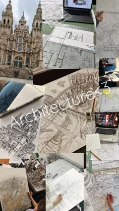 a collage of architectural drawings and people working on laptops