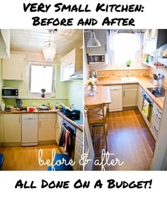 before and after pictures of a small kitchen remodeled with wood flooring