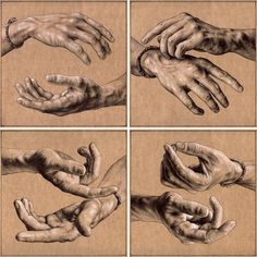 four drawings of hands reaching out to touch each other's fingers, with one being held by another hand