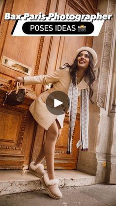 a woman is posing in front of a wooden door