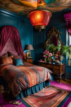 a bedroom decorated in blue and pink with a canopy bed, rugs, lamps and mirror