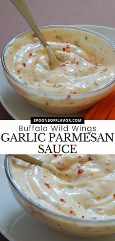 two bowls filled with garlic parmesan sauce on top of a white plate next to an orange carrot