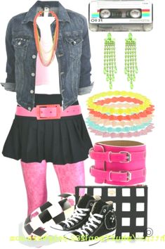 a woman in pink and black outfit with shoes, necklaces, bracelets and jean jacket