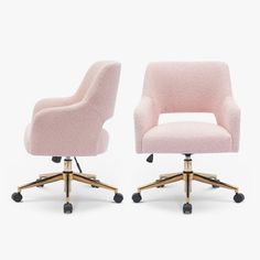 two pink office chairs with wheels, one on casteors and the other on wheels