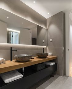 a bathroom with two bowls on the counter