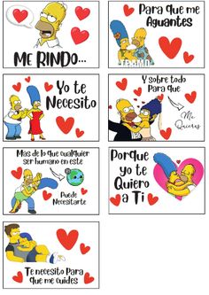 the simpsons family stickers are arranged in four different styles and colors, with hearts on them