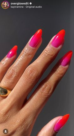 Feminine Gel Nail Designs, Vday Nails 2024, Tulum Nails Design, Bright Elegant Nails, High Fashion Nails, Almond Nail Designs Spring, Half Color Nails, Deep Color Nails, Bright Red And Pink Nails