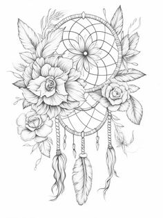 a drawing of a dream catcher with flowers and feathers