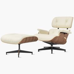 the eames lounge chair and ottoman is shown in white leather