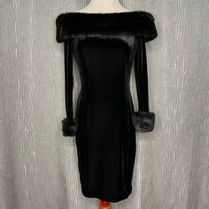 * Vintage And Nwt * Elegant Velvet Long Sleeve Dress * Faux Fur Off Shoulder Collar & Cuffs * Concealed Back Zipper * Supportive Straps & Boning * No Issues * Stretch: Yes * Overall Length: 33” * P2p: 16” * Smoke Free Home Faux Fur Trim Dress, Black Dress With Fur, Faux Fur Dress, Dress With Fur, Velvet Long Sleeve Dress, Fur Dress, Long Sleeve Velvet Dress, Collar And Cuff, Fur Trim