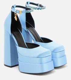 Versace - Medusa Aevitas satin platform pumps | Mytheresa Blue Platform Heels, Versace Heels, Versace Blue, Dr Shoes, Cute Shoes Heels, Versace Shoes, Blue Pumps, Hype Shoes, Blue Heels