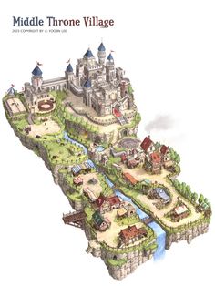 the middle tone village is shown in this hand - drawn illustration, which shows an island with