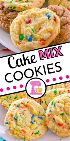 cake mix cookies with sprinkles are on a white plate and in the background there is a sign that says cake mix cookies