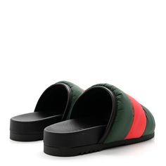 This is an authentic GUCCI Nylon Web Womens Slide Sandals size 35 in Black, Green and Red. These stylish sandals are crafted of quilted nylon with the signature Gucci red and green web stripe. They feature a black leather trim and a contoured rubber base. Green Web, Womens Slides Sandals, Stylish Sandals, Womens Slides, Green And Red, Leather Trim, Slide Sandals, Black Green, Leather Trims