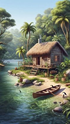 a painting of a hut on the shore of a river