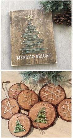 christmas tree ornaments made from wood slices