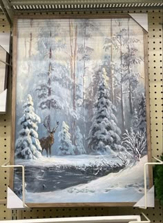 a painting of a deer standing in the middle of a snowy forest with pine trees