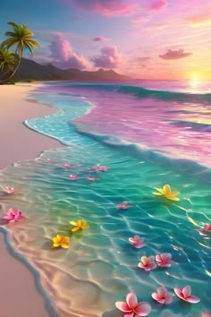 a painting of flowers on the beach with water and palm trees in the background at sunset