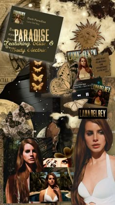 the collage is made up of many different pictures and words, including an image of a woman with long hair