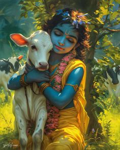 a painting of a woman hugging a cow