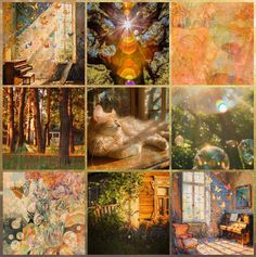 a collage of pictures with many different things in the background, including an open window