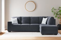 a living room with a gray couch and white rug