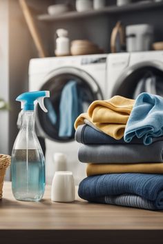 a bottle of cleaner sits next to some folded towels and laundry detergent in front of a washing machine