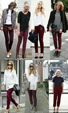 Outfit With Burgundy Pants, Outfit Pantalon Vino, Burgundy Jeans Outfit, Burgundy Pants Outfit, Wine Pants, Mode Ab 50, Maroon Jeans, Maroon Pants, Burgundy Outfit