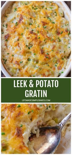 two pictures with different types of food in them and the words leek and potato gratin