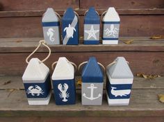 small wooden blocks with marine themed designs on them