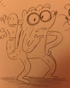 a drawing of a cartoon character with glasses on his face and hands in front of him