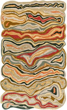 a multicolored area rug with wavy lines on the top and bottom of it