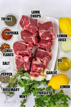 the ingredients to make lamb chops laid out on a plate