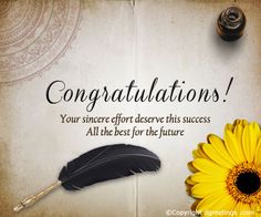 congratulations card with yellow flower and feather quill next to it on an old paper