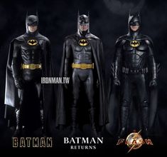 three batman action figures are shown in the dark knight movie, from left to right